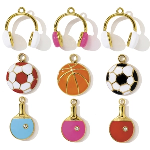 Edelstahl Sportanhänger Emaille Kopfhörer Tischtennisschläger Fußball Basketball DIY Anhänger Für Damen Schmuckzubehör