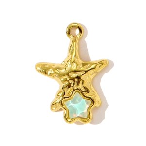 Detailed view of a gold starfish pendant with hammered texture and iridescent inlay