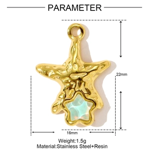 Detailed view of a gold starfish pendant with blue resin and precise size dimensions