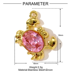 Detailed view of crab pendant with pink zircon in 16mm x 19mm stainless steel