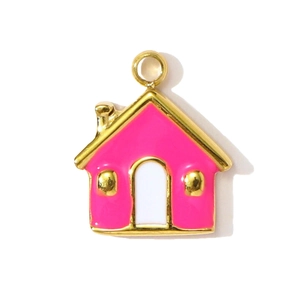 Dopamin-Haus-Anhänger aus goldenem Edelstahl mit pinker Emaillierung für Damen