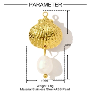 Detail view of 28mm stainless steel shell pendant with white ABS drop pearl and dimensions