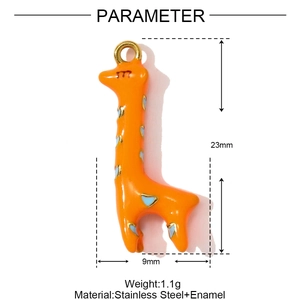 Detailed size parameter view of orange enamel giraffe stainless steel pendant
