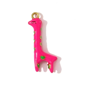 Pink giraffe pendant necklace in stainless steel with green heart patterns and gold loop