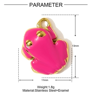 Detail view of pink enamel frog pendant showing dimensions 13x11mm in stainless steel