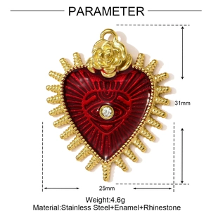Macro view of heart-shaped red enamel pendant with gold rose and sunburst spikes