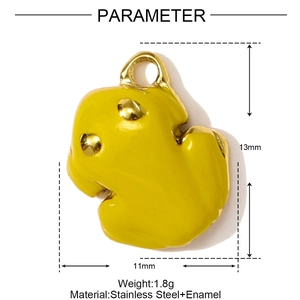 Detail view of yellow enamel frog pendant with size measurements 13mm by 11mm