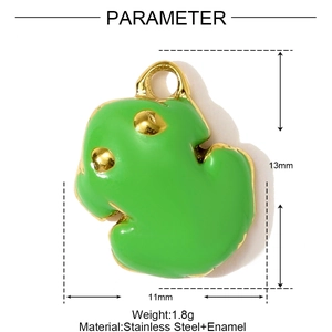 Detailed view of the 11mm by 13mm green enamel frog pendant showing dimensions and weight
