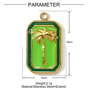 Detail showing 18mm x 10mm golden palm tree pendant with green enamel and measurements