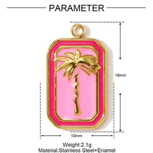Detailed view of rectangle pink enamel palm tree pendant with measurements and material specs