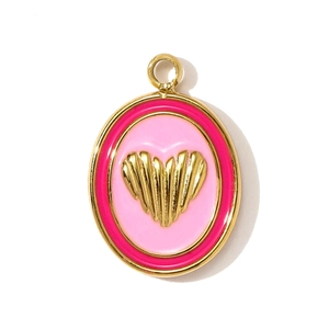 Detail of oval enamel pendant with pink resin and ribbed golden heart charm