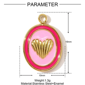 Detail showing dimensions of oval stainless steel heart pendant with pink enamel
