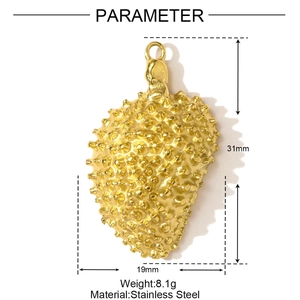 Detail view of durian pendant with 31mm height and 19mm width dimensions in matte gold