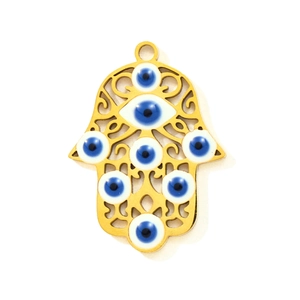 Vista dettagliata del ciondolo Mano di Fatima dorato con simboli Evil Eye in smalto