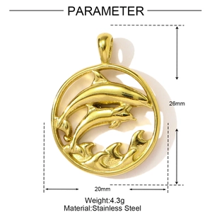 Detailed view of round gold stainless steel dolphin pendant with size and weight specs