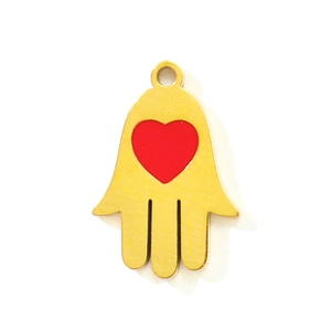 Ciondolo Mano di Fatima dorato con cuore rosso centrale, charms in acciaio inossidabile