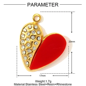 Detailed size parameter view of a red heart pendant with rhinestones and gold finish