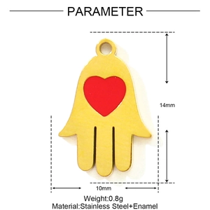 Dimensioni dettagliate del ciondolo mano di Hamsa in acciaio con cuore in smalto rosso