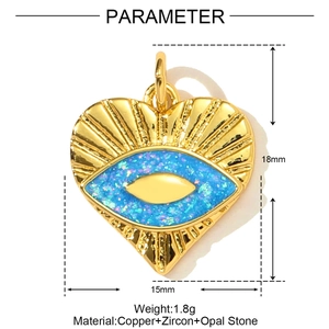 Detailed view of evil eye heart pendant with dimensions 18mm by 15mm and 1.8g weight