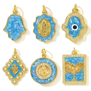 Pendentifs Religieux Délicats en Cuivre Vierge Marie Main de Fatma Mauvais Œil Arbre de Vie Avec Opale Artificielle Zirconia pour Création de Colliers