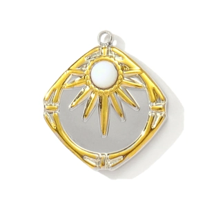 Detail of diamond-shaped sunburst pendant in silver and gold tone with opal stone