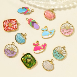 Colorful beach charms collection with oil-dripped whale and shell pendants for DIY jewelry