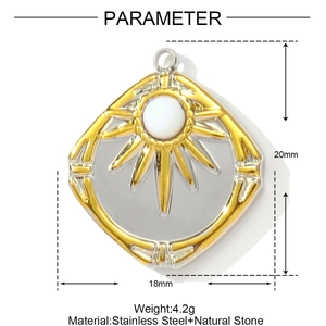 Detail of square sunray steel pendant with white natural stone, 20mm by 18mm size