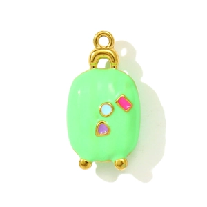 Close-up of green suitcase pendant with colorful oil-drop geometric patterns