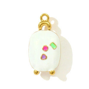 Miniature suitcase pendant charm in white enamel and gold finish for DIY jewelry