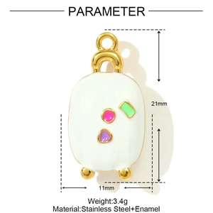 Detailed parameter view of suitcase pendant with white enamel and golden hook