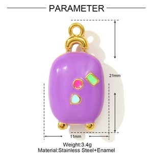 Detailed view of a purple enamel suitcase pendant in stainless steel with 21mm dimensions