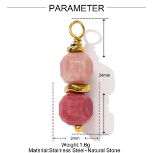 Macro detail of a 24mm pink natural stone pendant with gold wavy stainless steel accents