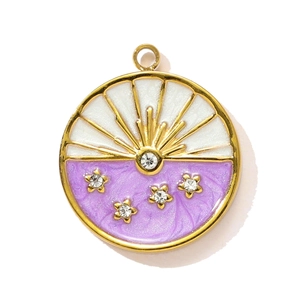 Detailed celestial enamel charm featuring sun and star motifs with clear zircon inlays