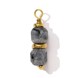 Detail of handmade stainless steel pendant with faceted grey natural stones and wire wrap