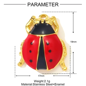 Parameter view of ladybug enamel pendant showing 19mm height and stainless steel material