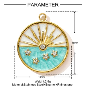 Detail view of 18mm round enamel flower pendant with stainless steel and crystal