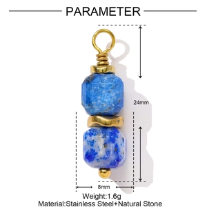 Detail view of blue natural stone pendant with 24mm length and stainless steel components