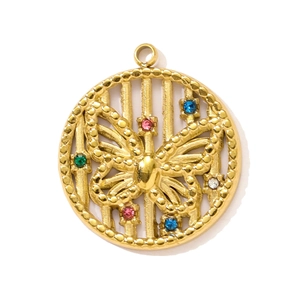 Pendentif rond en acier doré avec motif papillon et strass multicolores étincelants