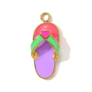 Pink and green enamel flip-flop pendant in gold stainless steel with heart detail