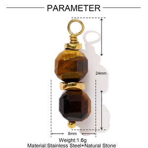 Macro shot of tiger eye natural stone pendant with stainless steel wire and dimensions