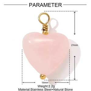 Pink heart-shaped natural stone pendant with gold stainless steel wire wrapping