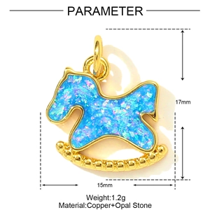Detail view of rocking horse pendant made of blue opal and copper with 15x17mm dimensions