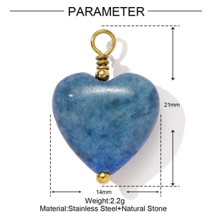 Detail view of a heart-shaped blue natural stone pendant with gold wire and steel trim