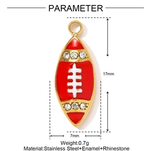Fashionable red enamel rugby ball pendant with gold plating and rhinestones