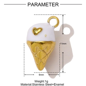 Pendentif cornet de glace en acier inoxydable doré avec émail blanc et cœur