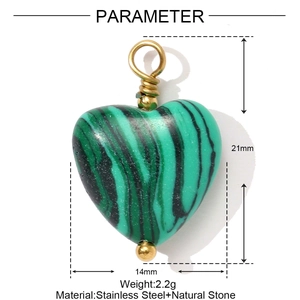Detail view of a 21mm heart-shaped malachite pendant with gold stainless steel frame