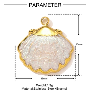 Detailed specs of 15mm shell pendant in gold stainless steel with white enamel