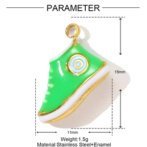 Detailed macro view showing the 15mm lime green enamel sneaker pendant dimensions