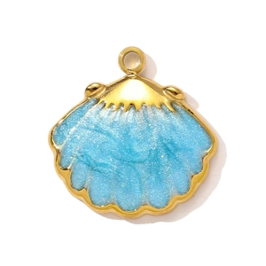 Close-up of a blue glitter scallop shell pendant with a gold frame for DIY jewelry