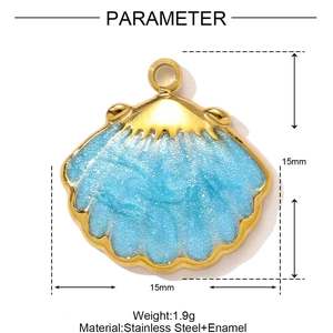 Detailed view of blue enamel shell charm with 15mm dimensions and stainless steel material